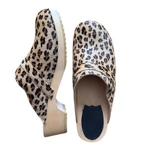 Swedish Hasbeens Calf Hair Cheetah Print Husband Clogs Size 40 US 10 Wooden